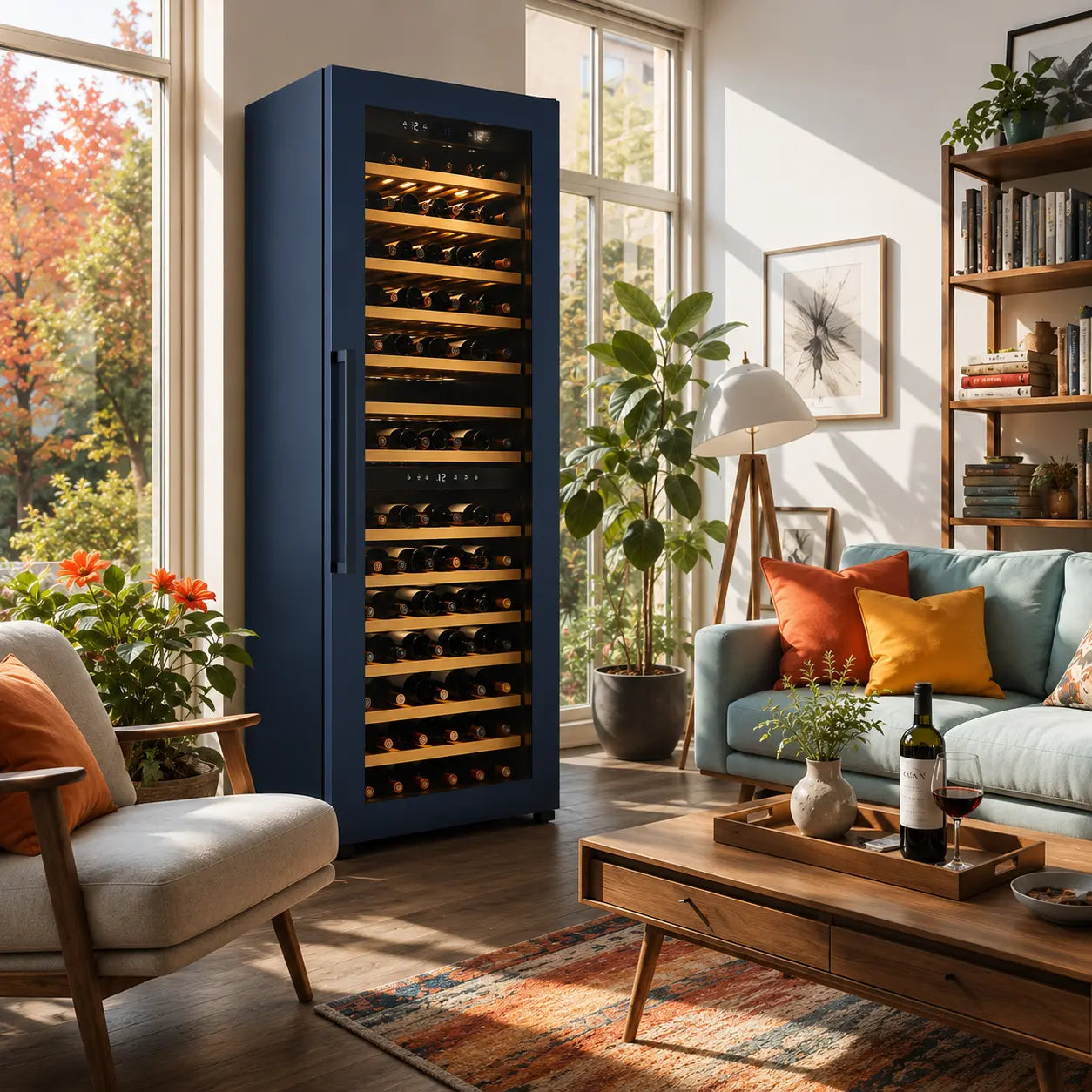 Large glass-door Goguette wine fridge in a blue vintage-style living room