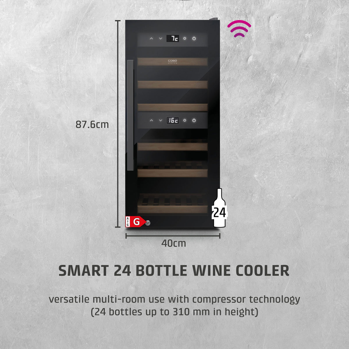 CASO Design WineExclusive 24 Smart Wine Fridge | 24 Bottle | Dual Zone | Black