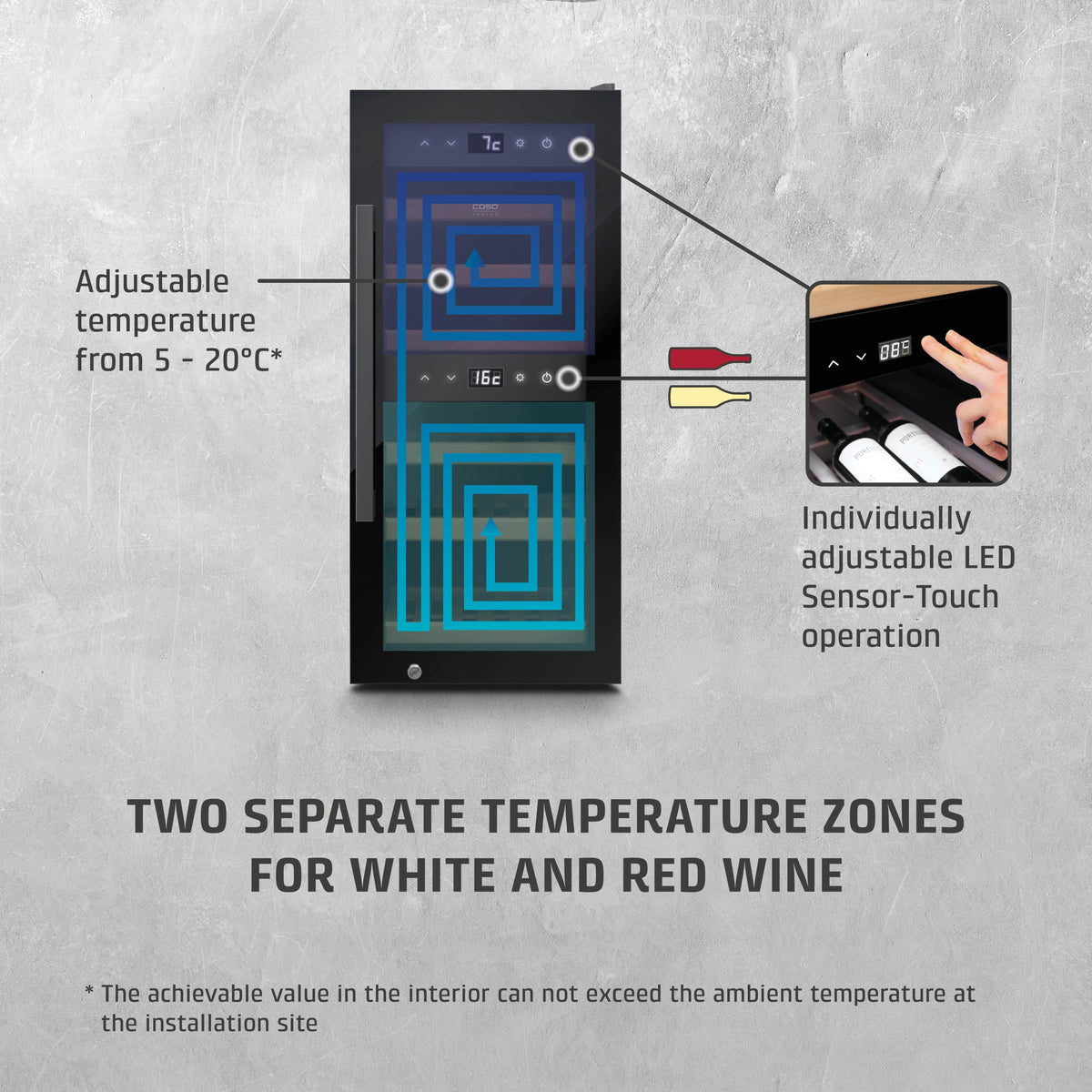 CASO Design WineExclusive 24 Smart Wine Fridge | 24 Bottle | Dual Zone | Black