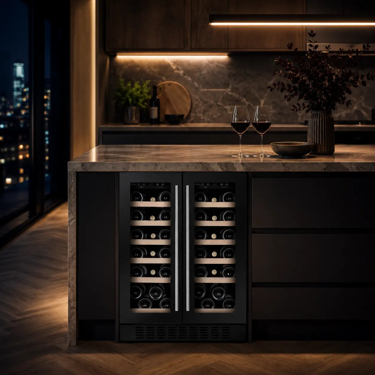 CDA | CFWC624BL Wine Fridge in dark kitchen