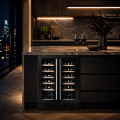 CDA | CFWC624BL Wine Fridge in dark kitchen