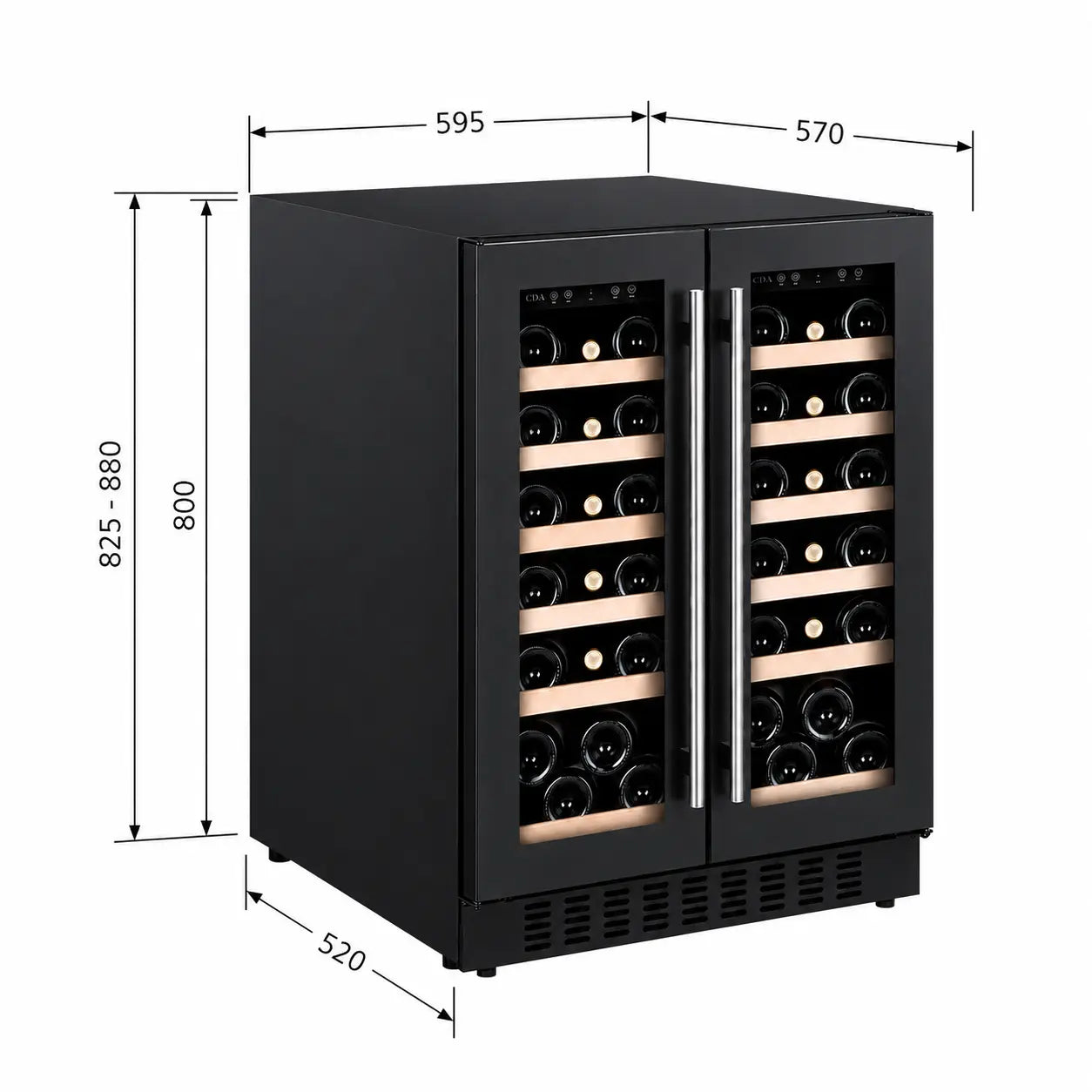 Technical drawing of a refrigerator with dimensions labeled