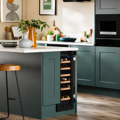 Modern kitchen with a wine cooler integrated into a green cabinet.