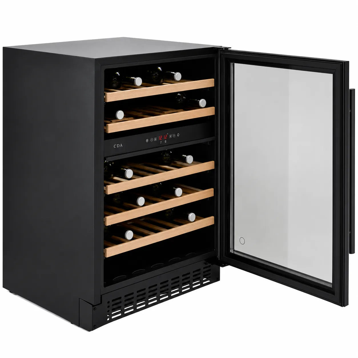 CDA FWC604BL wine fridge in black, front view