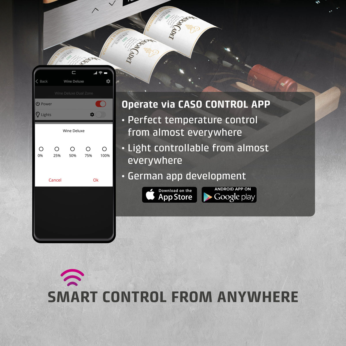 Smart wine cooler with smartphone app control on a gray background