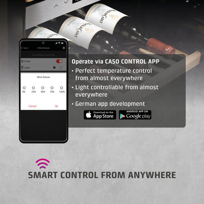 Smart wine cooler with smartphone app control on a gray background