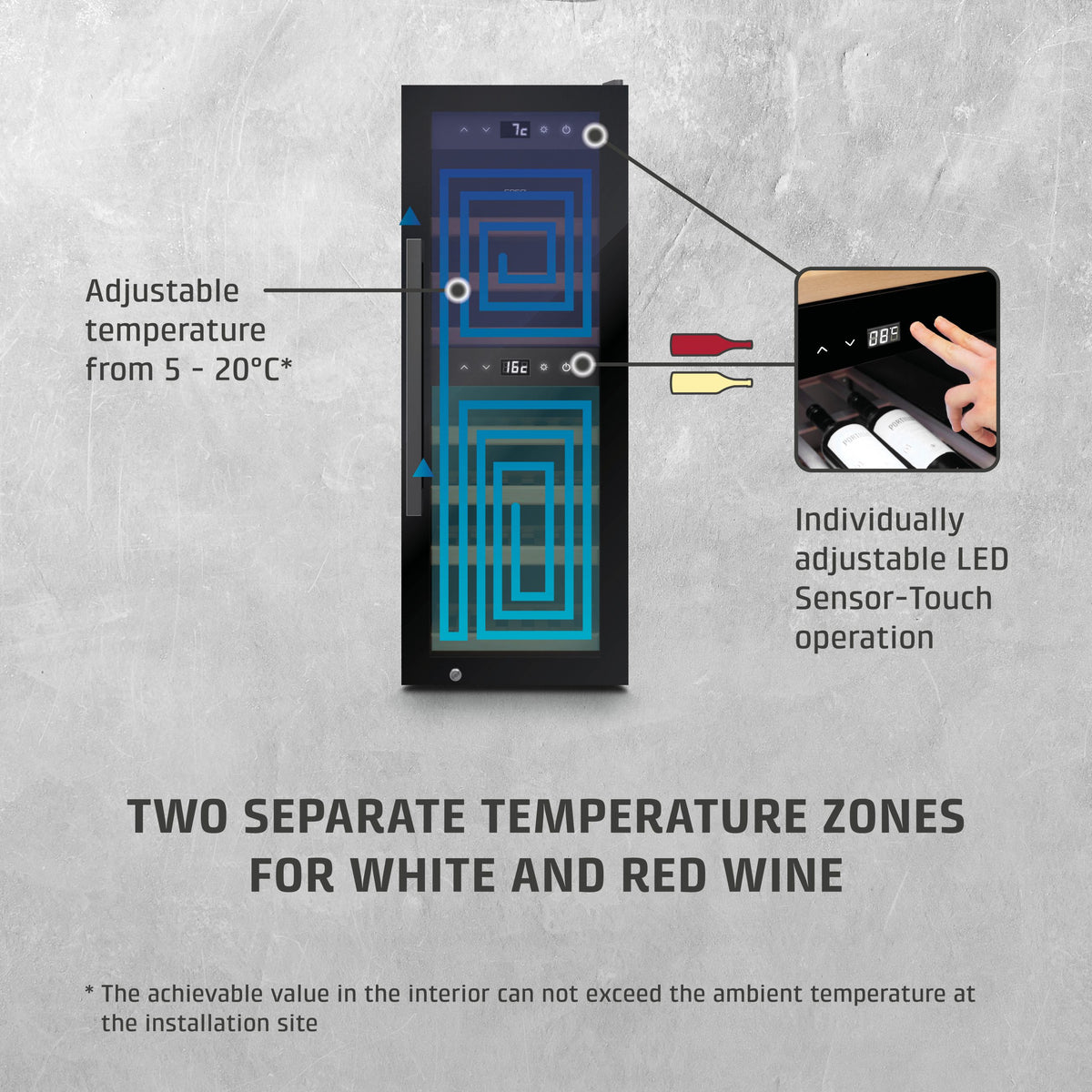 Wine cooler with temperature control features on a gray background
