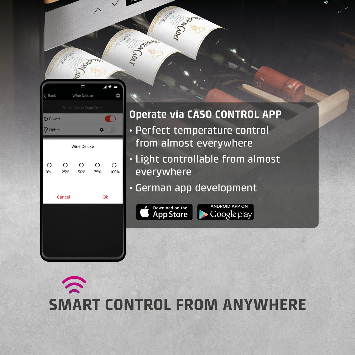 Smart wine cooler control app interface with wine bottles in the background