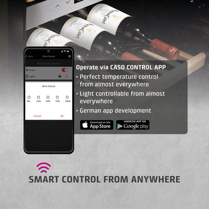 Smart wine cooler control app interface with wine bottles in the background