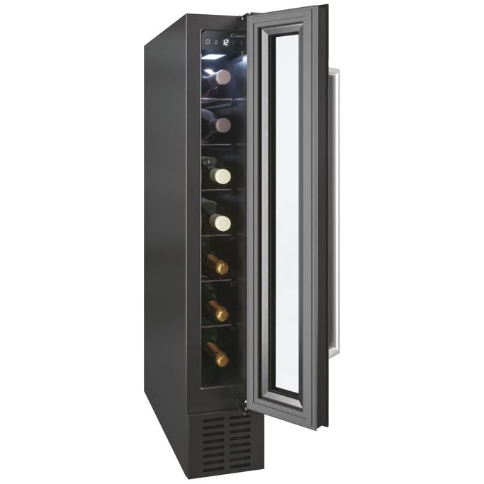 Black wine cooler with open door on a white background