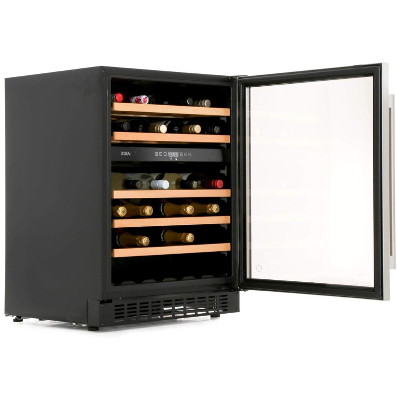 CDA FWC604SS 60cm Built-In Wine Fridge Dual Zone 45 Bottle Stainless Steel Open Door