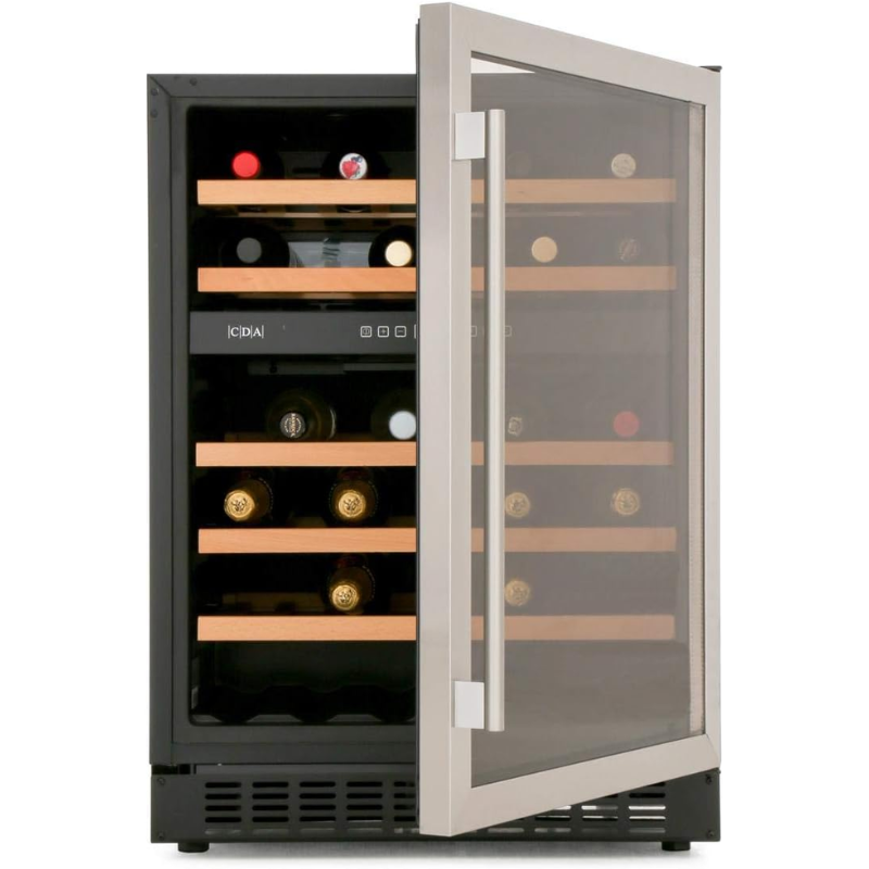 CDA FWC604SS 60cm Built-In Wine Fridge Dual Zone 45 Bottle Stainless Steel Open Door