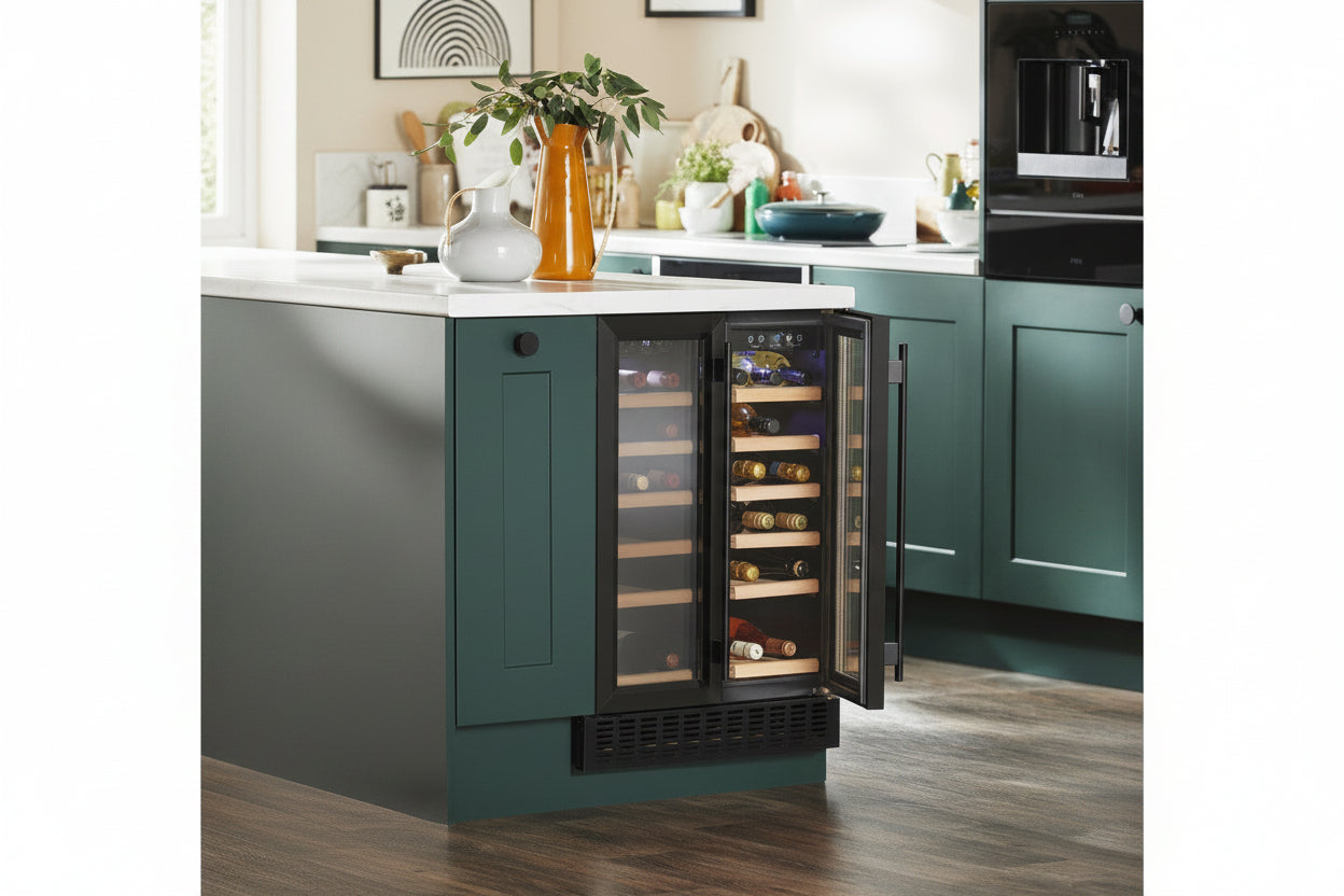 Wine cooler in a kitchen setting with open door displaying bottles.