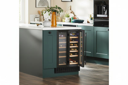 Wine cooler in a kitchen setting with open door displaying bottles.