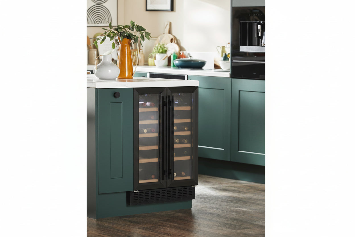 Beverage cooler in a kitchen setting with green cabinets and decorative elements.