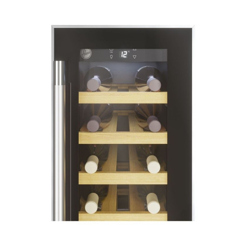 Wine cooler with glass door displaying bottles inside on a white background