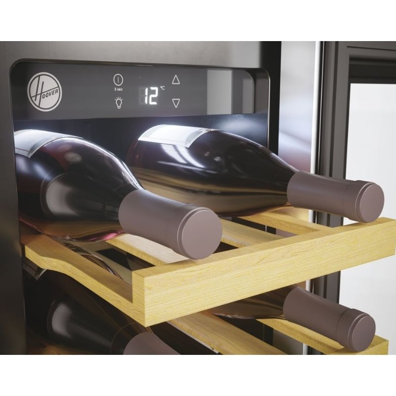 Wine bottles in a wooden wine rack inside a Hoover wine cooler.