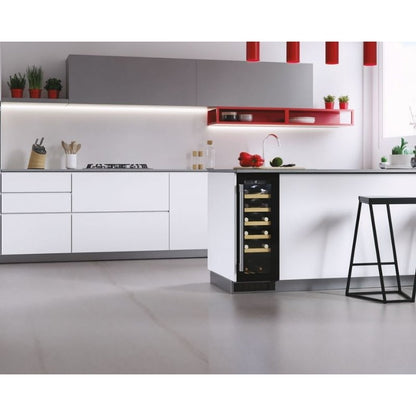 Modern kitchen with white cabinets, a wine cooler, and a black stool.