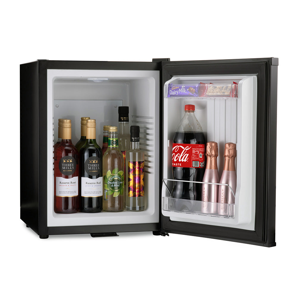 Barcool Bar40 mini bar fridge stocked with drinks and snacks
