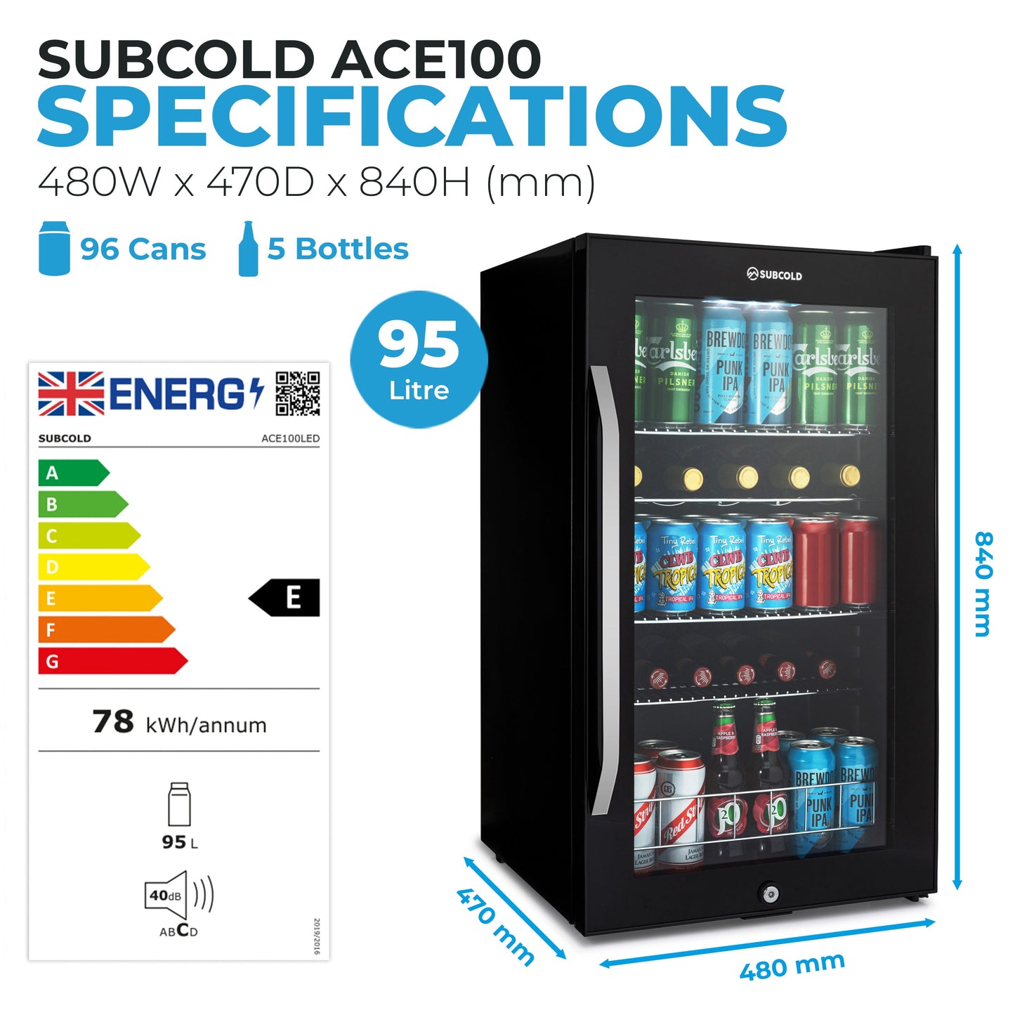 Subcold Ace100 Wine & Drinks Fridge | 5 Wine Bottle + 96 Cans | Single Zone | Black