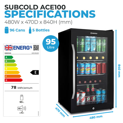 Subcold Ace100 Wine & Drinks Fridge | 5 Wine Bottle + 96 Cans | Single Zone | Black