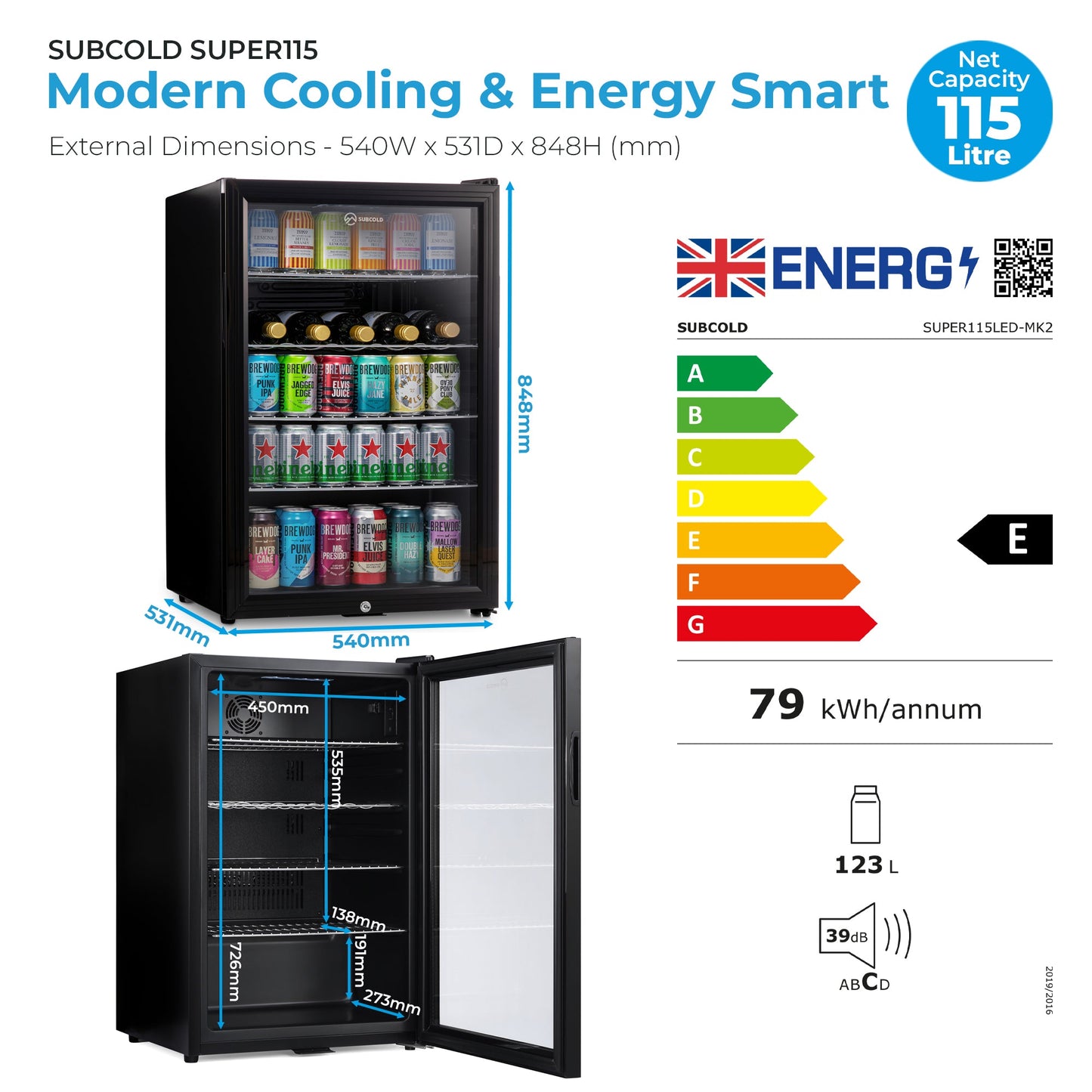 Subcold Super115 LED Beer Fridge | 5 Wine Bottles + 100 Cans  | Single Zone