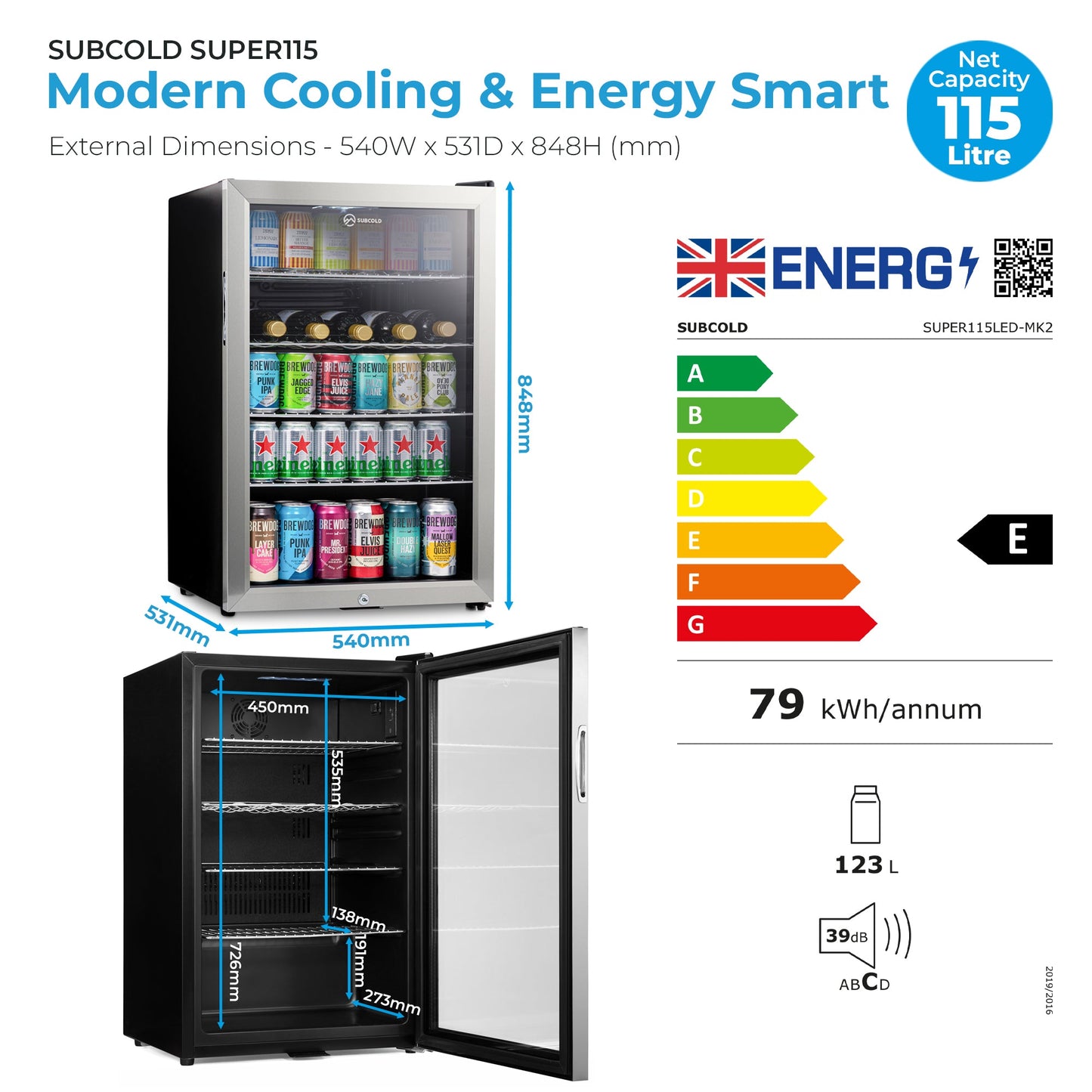 Subcold Super115 LED Beer Fridge | 5 Wine Bottles + 100 Cans  | Single Zone