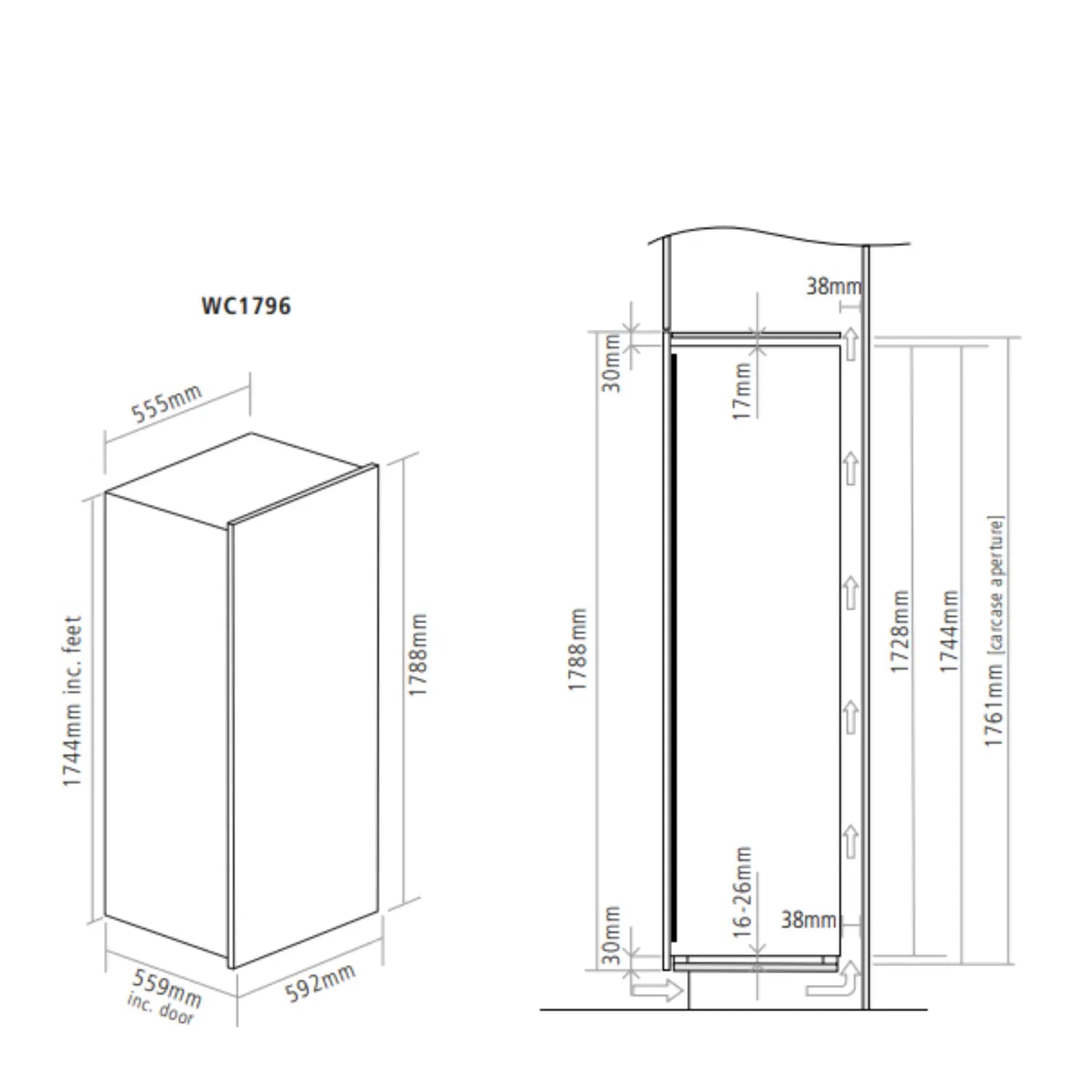 Caple WC1796BG Wine Fridge Dimensions