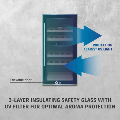 Wine cooler with text highlighting features like UV light protection and lockable door on a textured gray background.