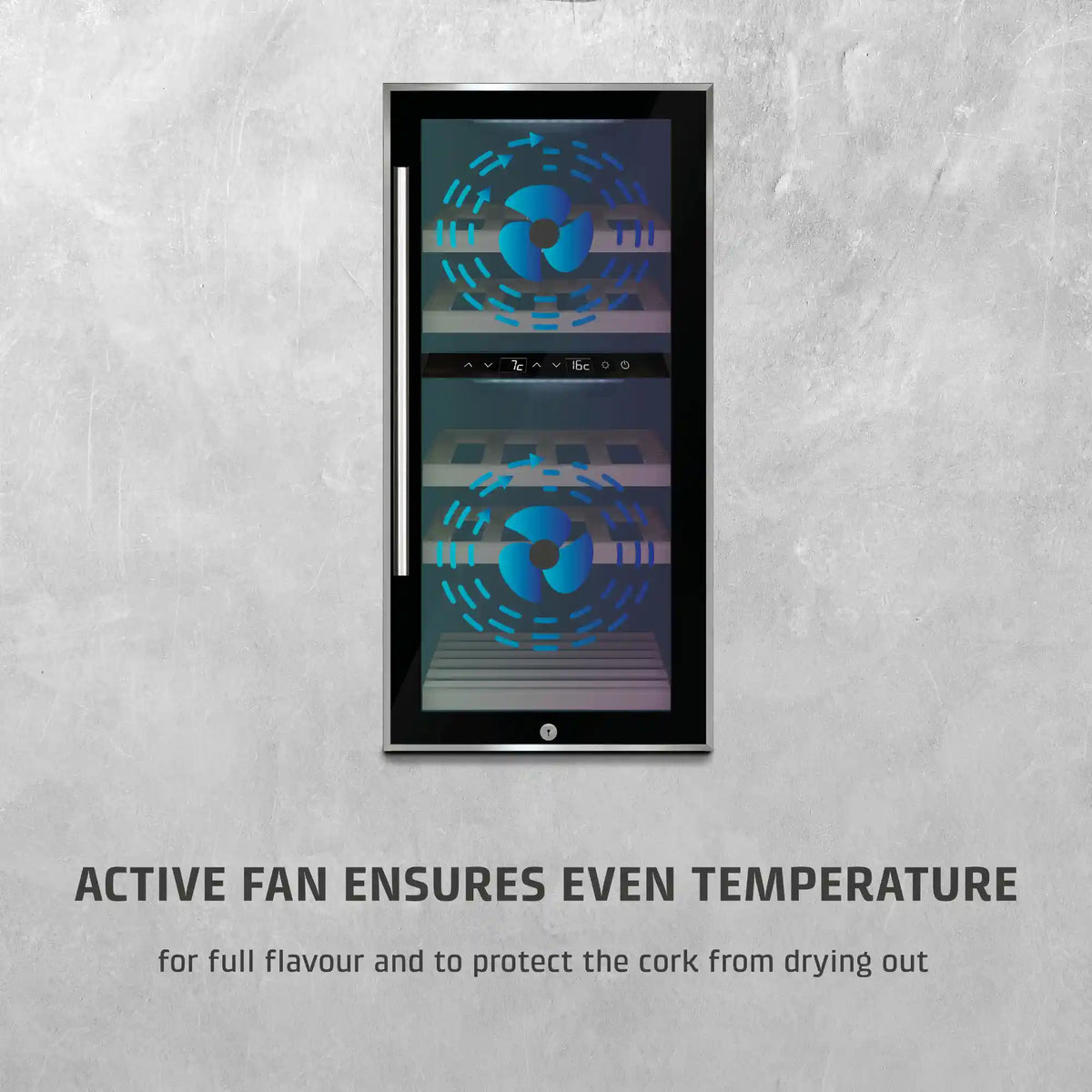 Wine cooler with digital display on a textured gray wall, featuring text about an active fan.