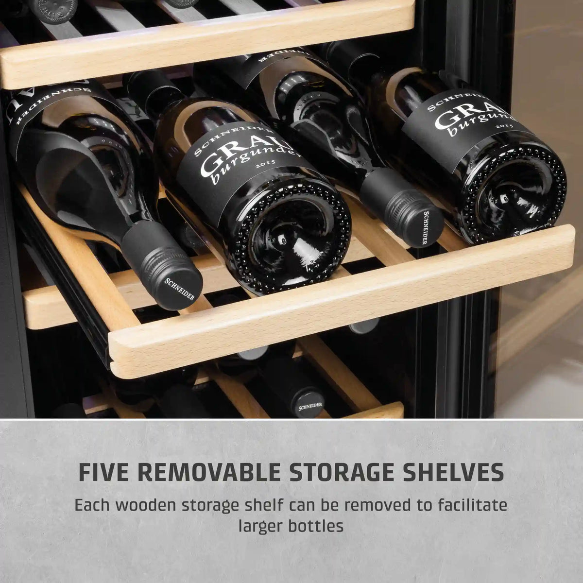 Wine bottles in a wooden wine rack with text about removable storage shelves.