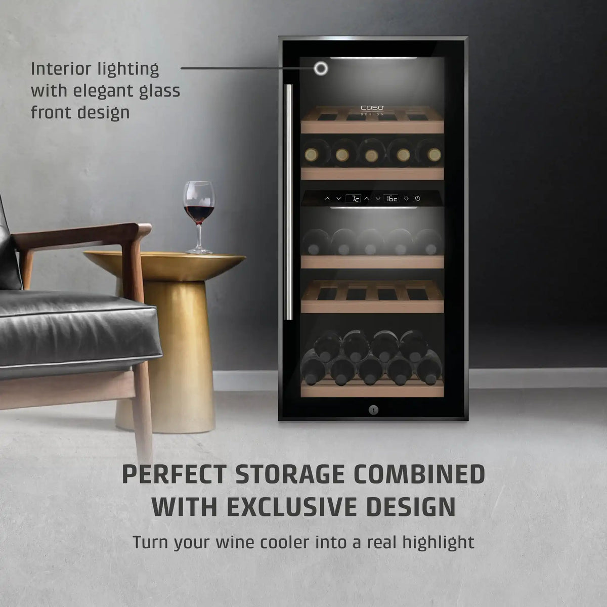 Wine cooler with glass front design in a modern interior setting.