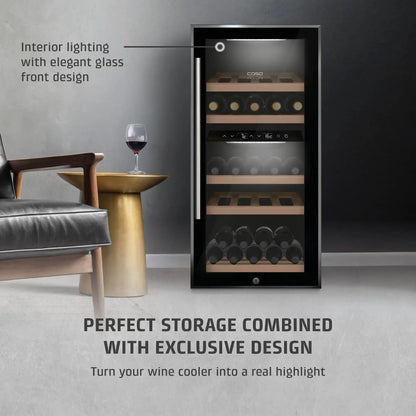 Wine cooler with glass front design in a modern interior setting.