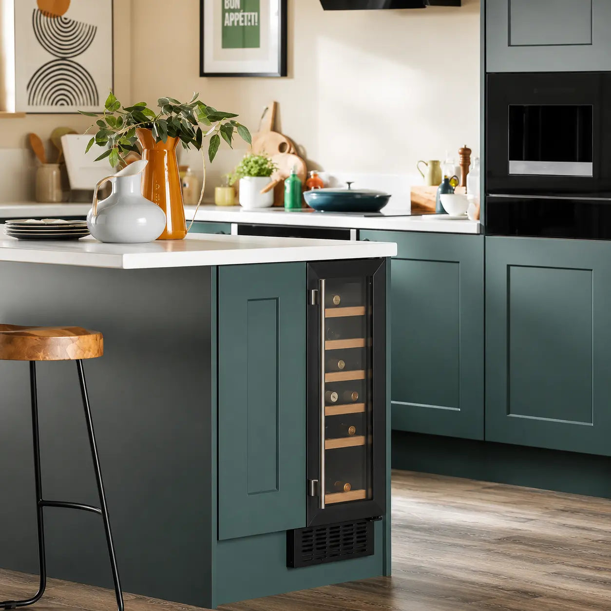 Modern kitchen with a wine cooler integrated into a green island.