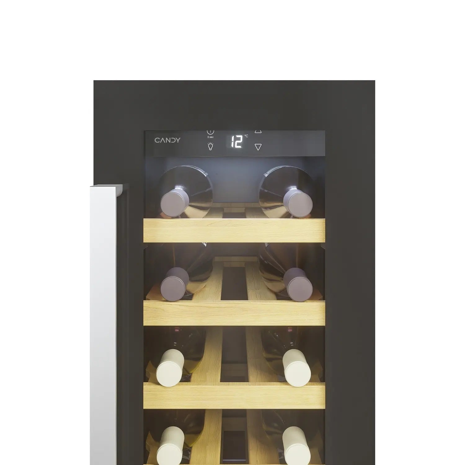 Candy CCVB 30 wine fridge in black, interior shelving view