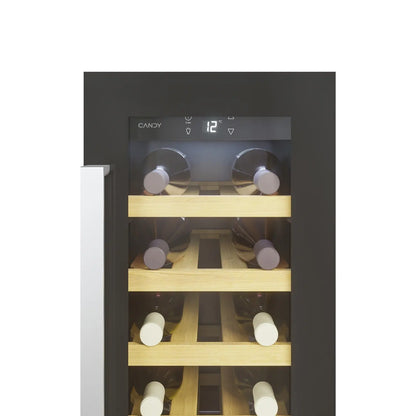 Candy CCVB 30 wine fridge in black, interior shelving view