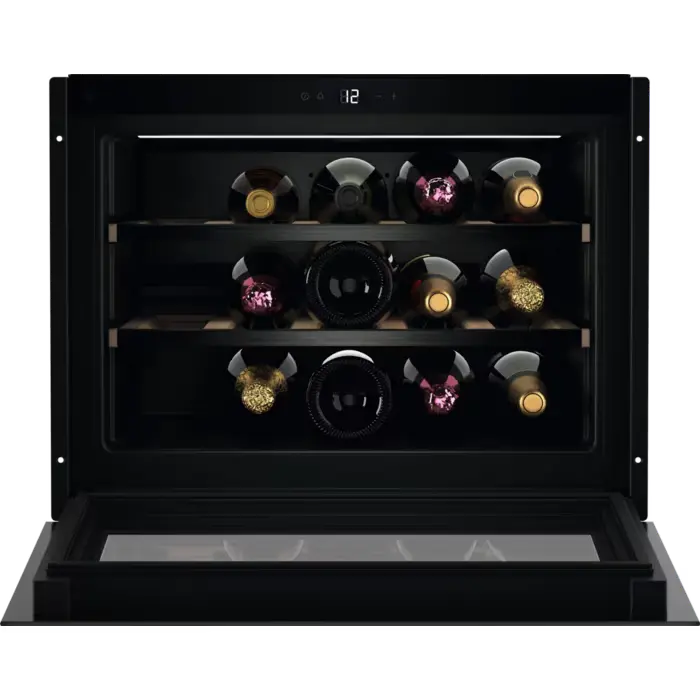 Black wine cooler with bottles inside on a white background