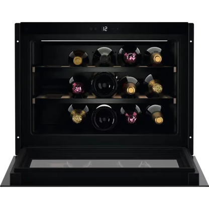 Black wine cooler with bottles inside on a white background