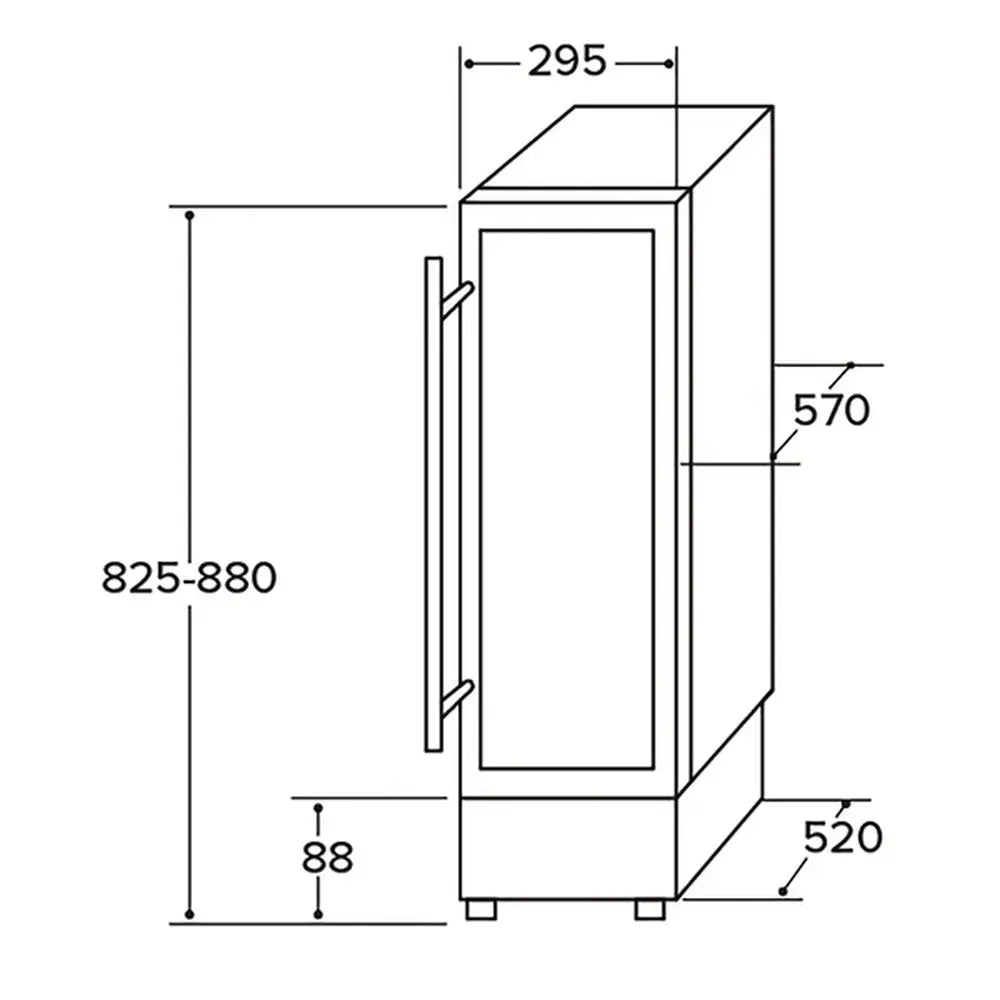 Technical drawing of a cabinet with dimensions labeled