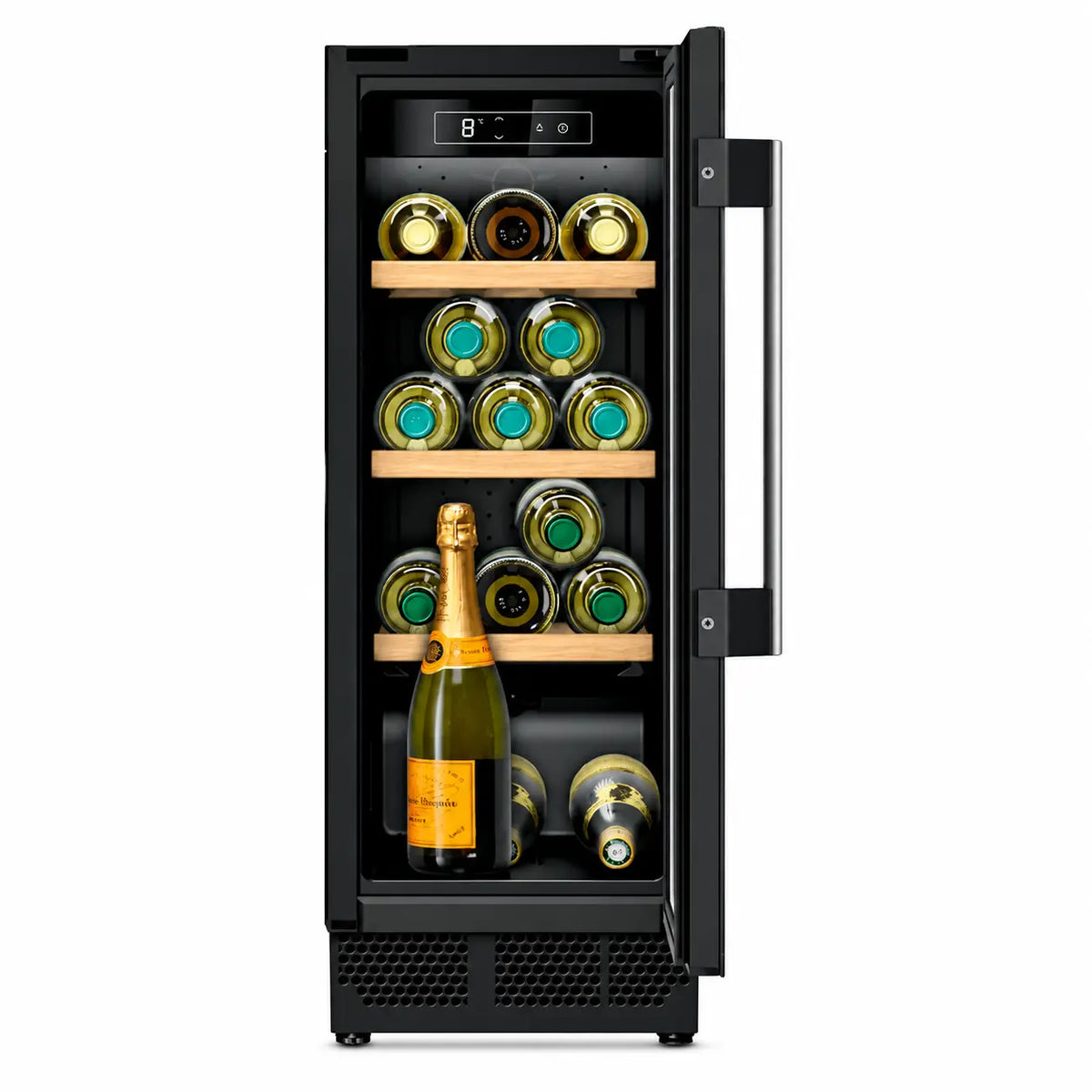 Neff KU9202HF0G black wine fridge with door open, showing wine bottles, wooden shelves and internal temperature controls.