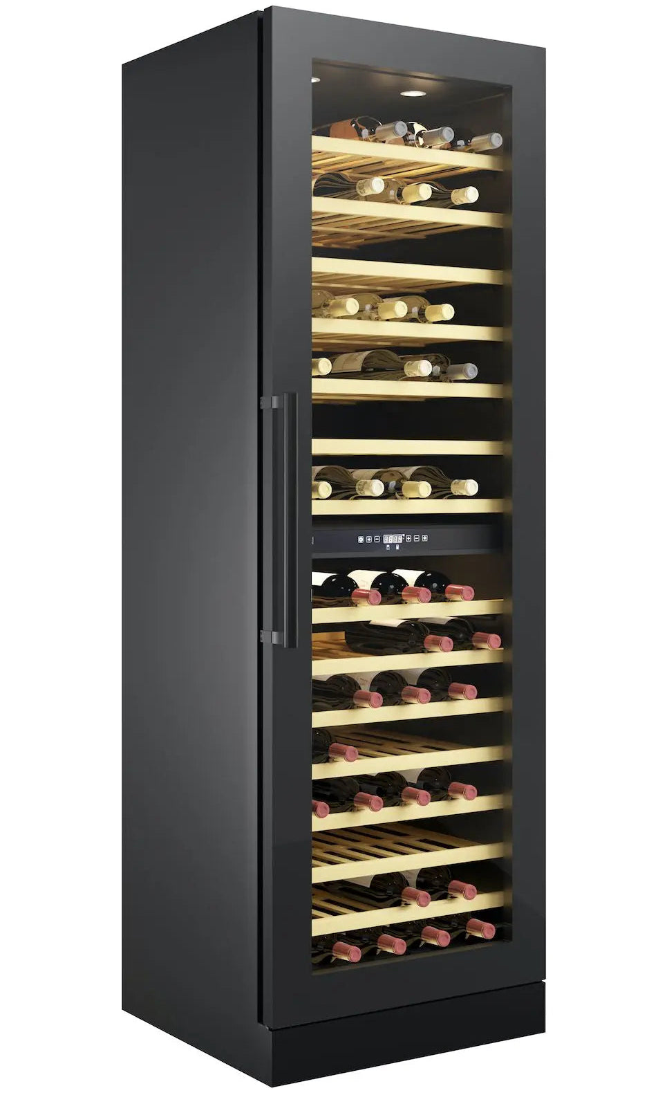 Black wine cooler with glass door displaying rows of wine bottles on a white background