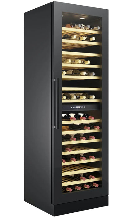 Black wine cooler with glass door displaying rows of wine bottles on a white background