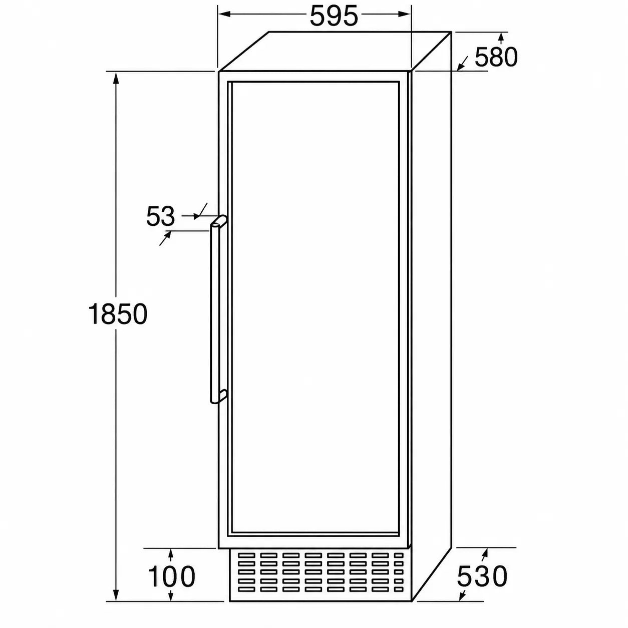 Technical drawing of a refrigerator with dimensions labeled