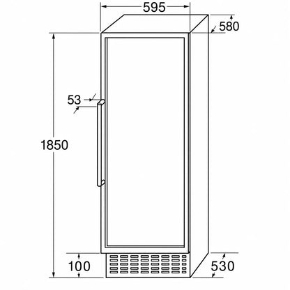 Technical drawing of a refrigerator with dimensions labeled