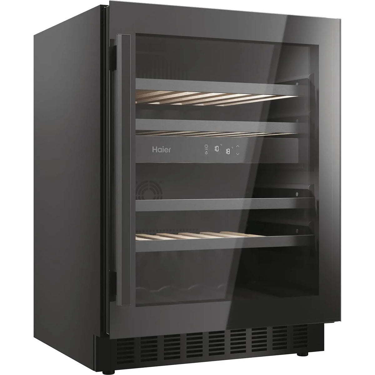 A Haier wine refrigerator with a black exterior, glass door, and interior shelves, shown on a plain white background.