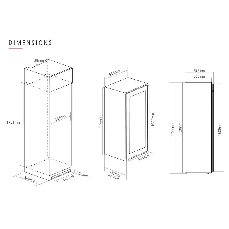 Dimensions of a cabinet with labeled measurements on a white background