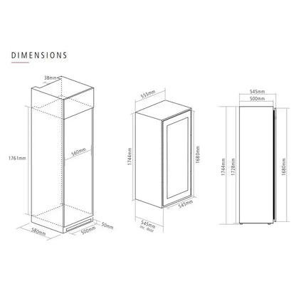 Dimensions of a cabinet with labeled measurements on a white background