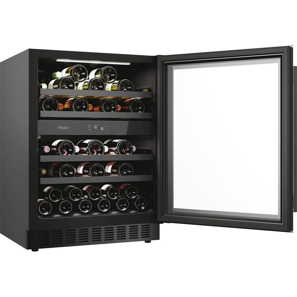 A black undercounter wine refrigerator with its door open, showing multiple shelves stocked with wine bottles. The brand name 'Haier' is visible on the interior door panel.