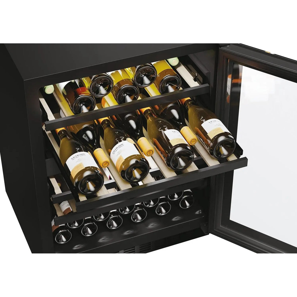 Wine cooler with open door displaying rows of wine bottles.