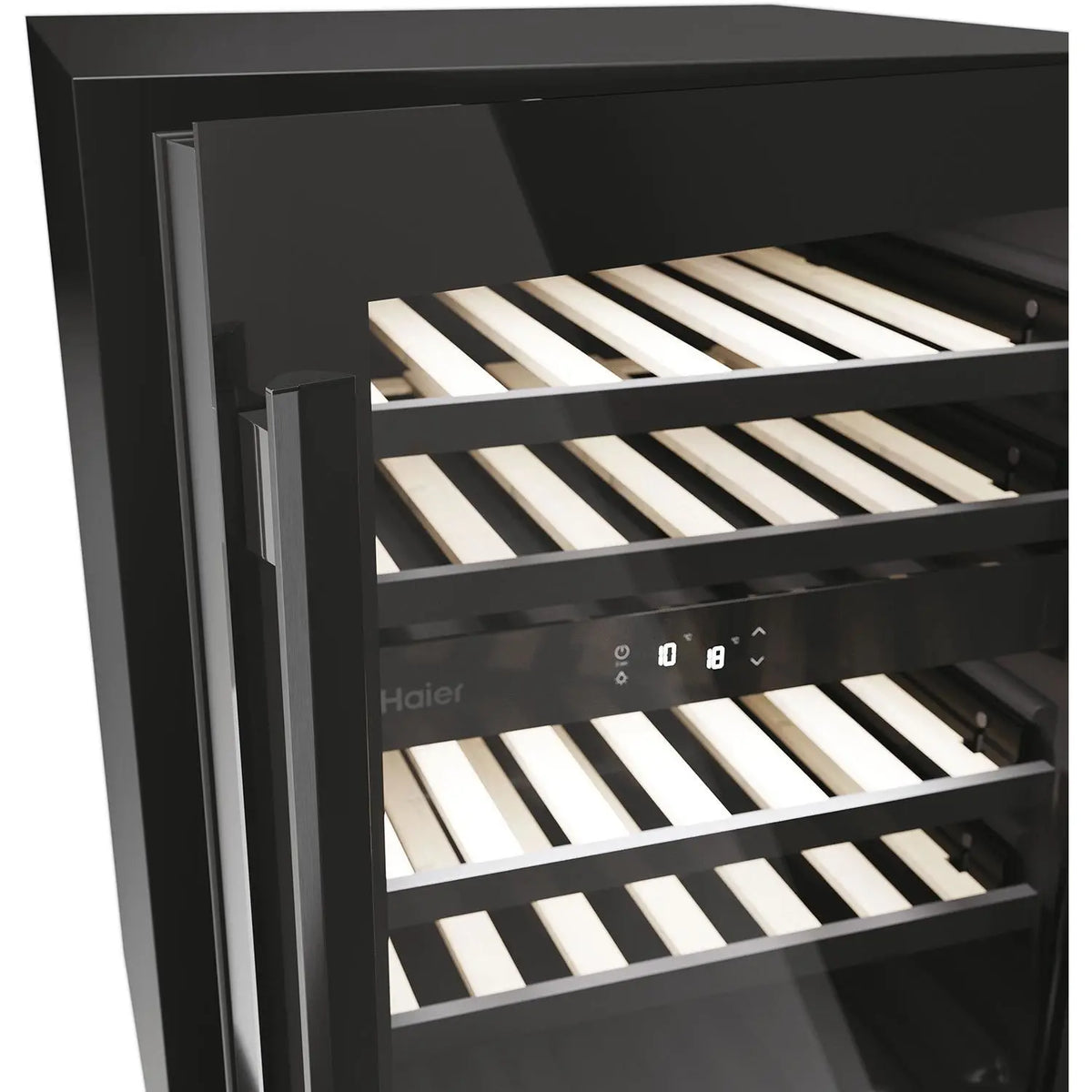 Haier wine cooler with a black glass door, interior shelves, and a digital control panel, shown on a white background.